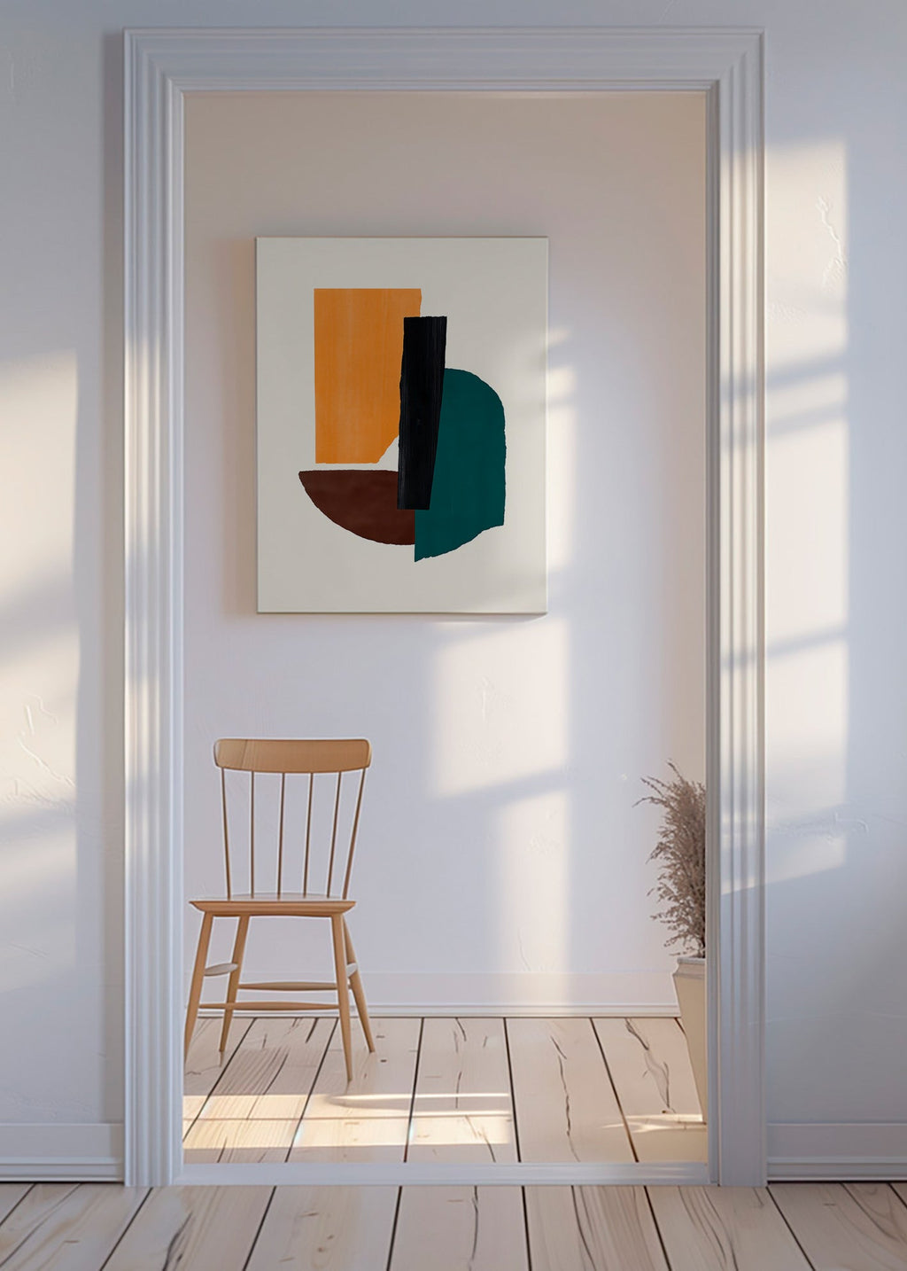 Abstrakt billede med okker og grønne former – Canvas