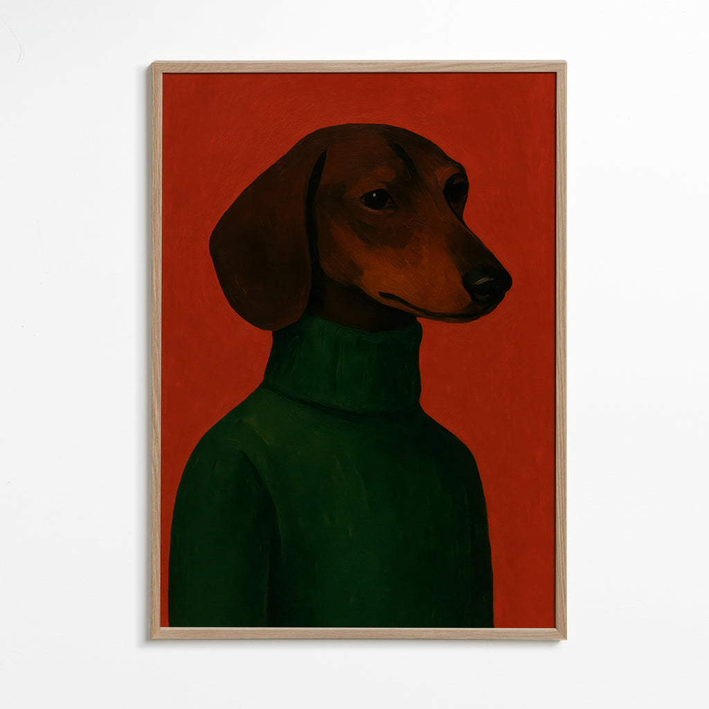 Hundeportræt med grøn sweater – Oak Frame