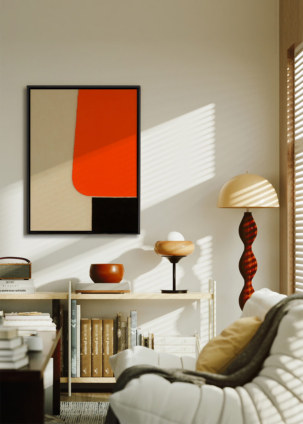 Geometrisk plakat med orange blok og sort bund – Canvas1