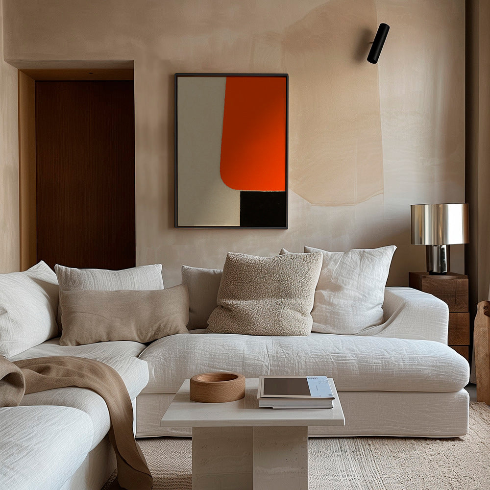 Geometrisk plakat med orange blok og sort bund – Canvas2