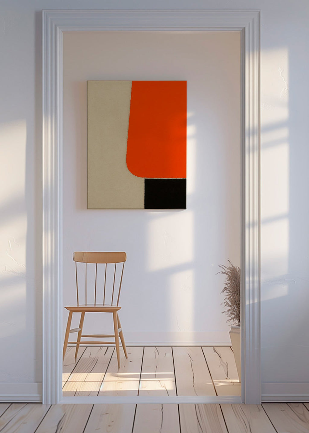 Geometrisk plakat med orange blok og sort bund – Canvas