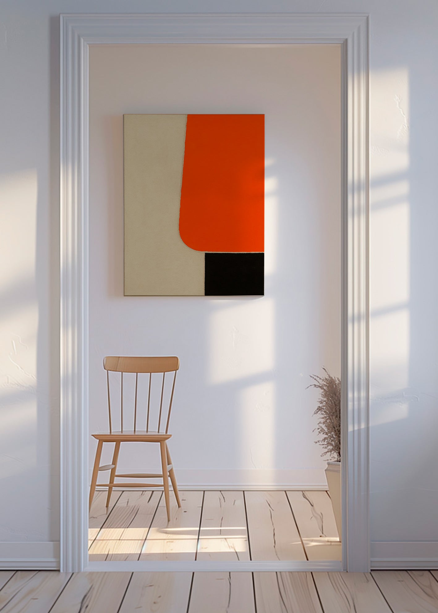 Geometrisk plakat med orange blok og sort bund – Canvas