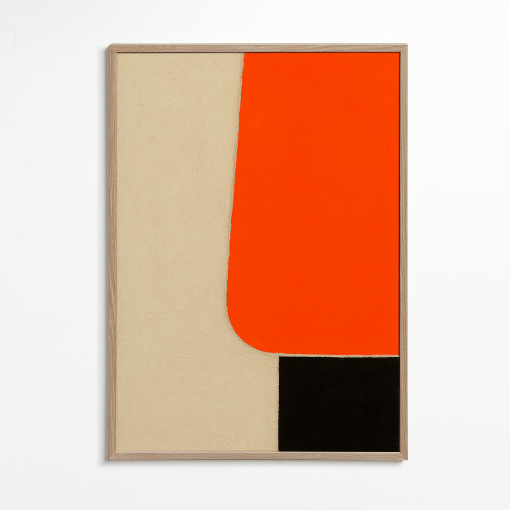 Geometrisk plakat med orange blok og sort bund – Oak Frame