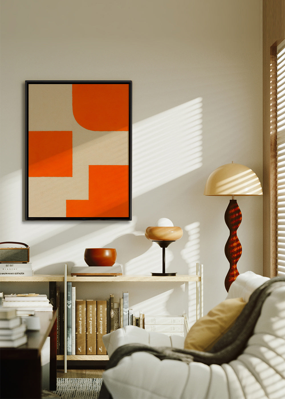 Geometrisk kunst i orange og beige med modulære blokke – Canvas2