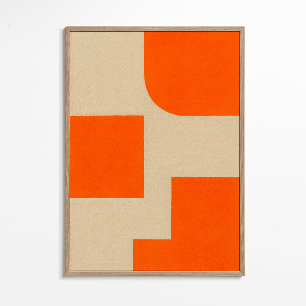 Geometrisk kunst i orange og beige med modulære blokke – Oak Frame