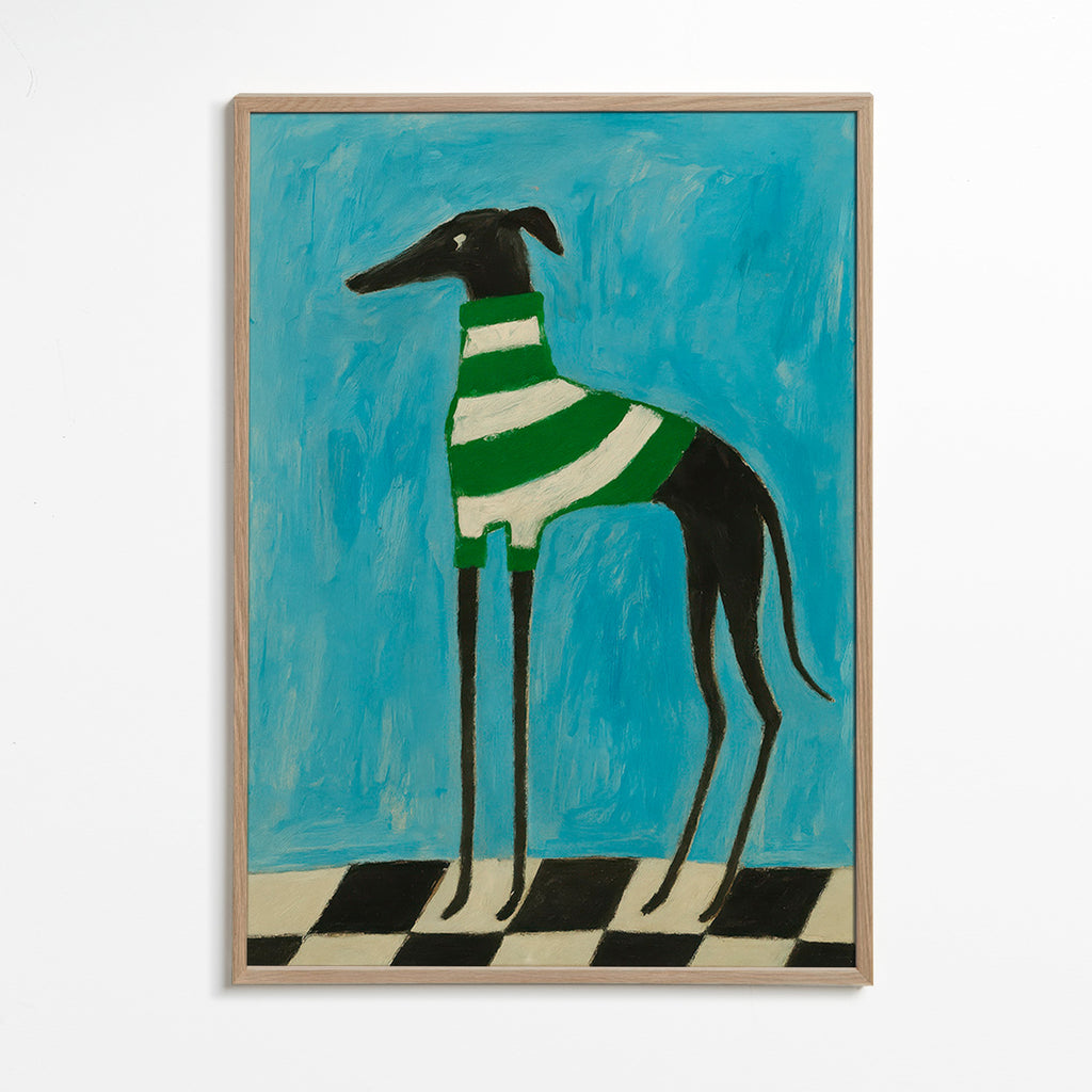 Stiliseret hund med grønne striber – Oak Frame