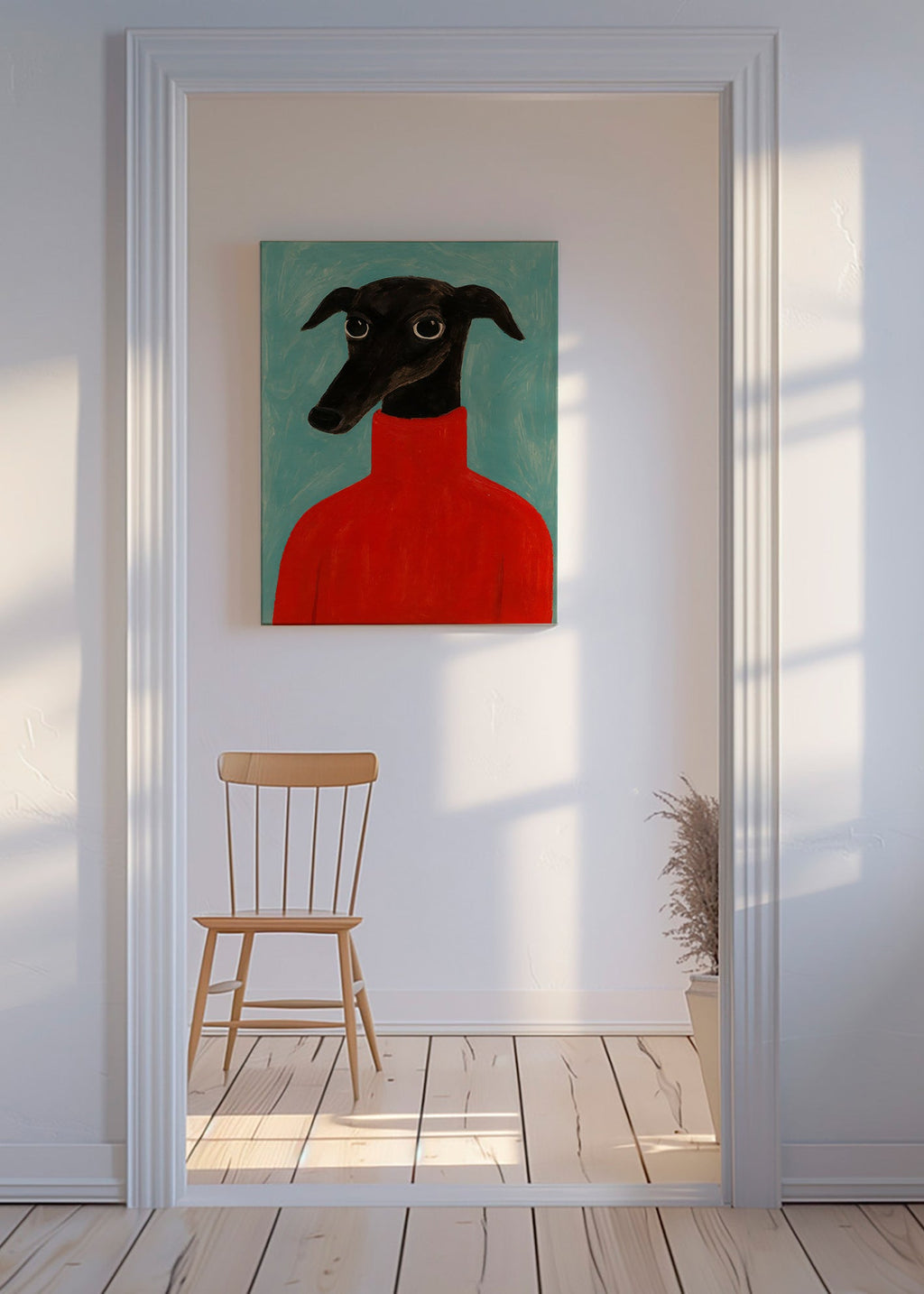 Vindhundsportræt med rød trøje – Canvas