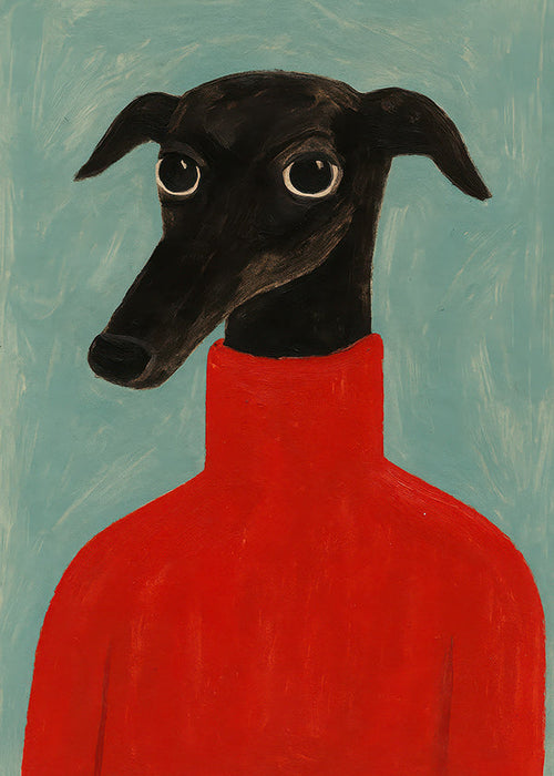 Vindhundsportræt med rød trøje