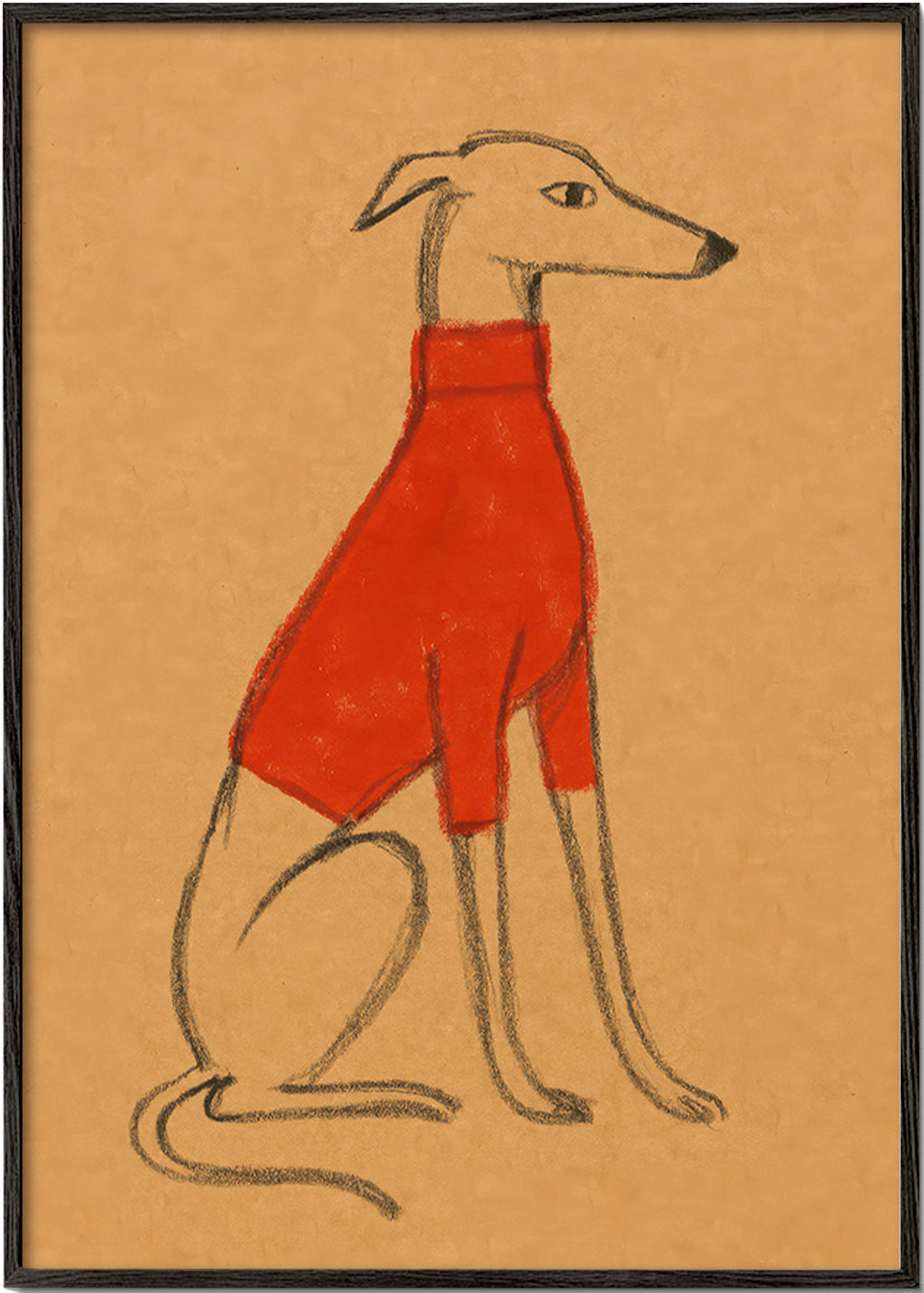 Illustration af galgo i rød sweater – Black Frame