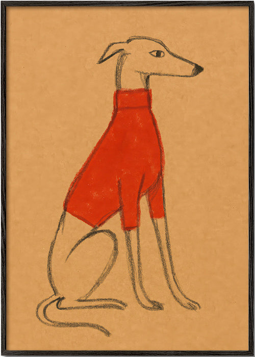 Illustration af galgo i rød sweater – Black Frame