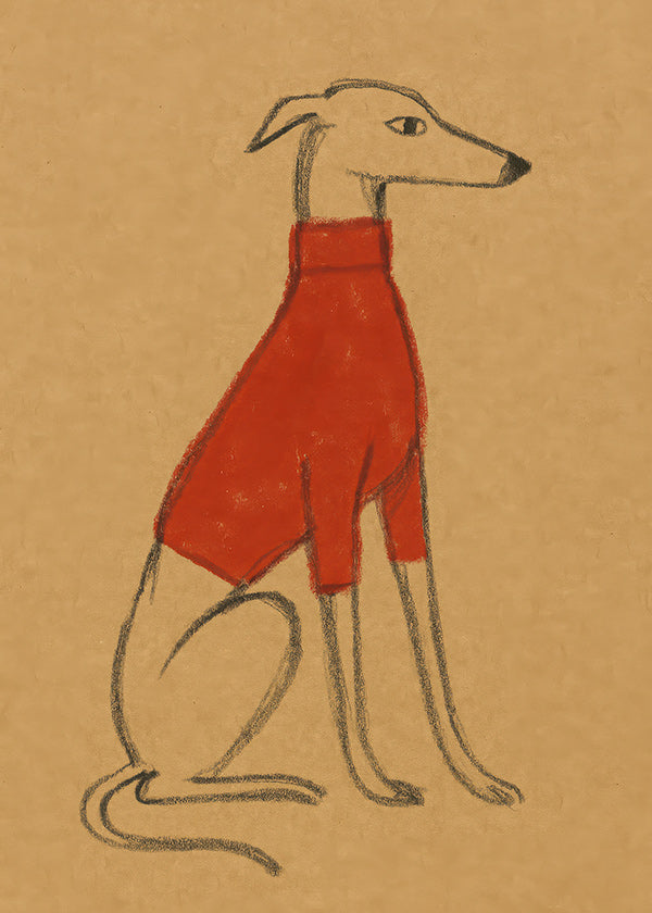Illustration af galgo i rød sweater