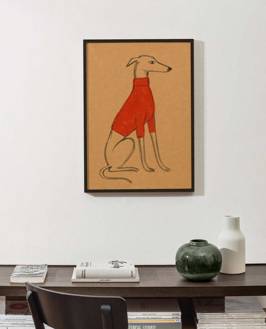 Illustration af galgo i rød sweater – Product2