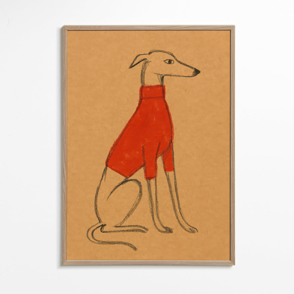 Illustration af galgo i rød sweater – Oak Frame