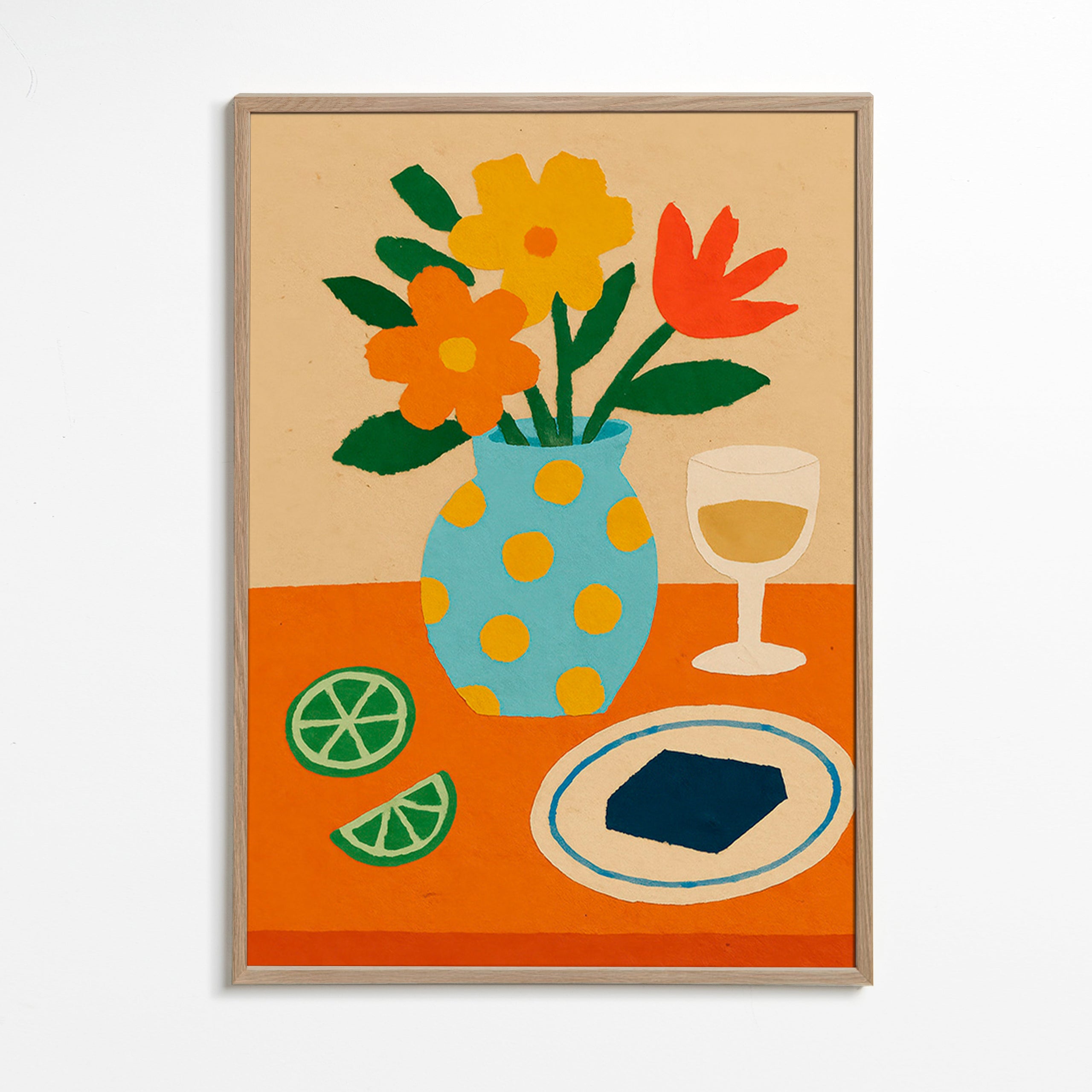Køkkenkunst med blomsterstilleben – Oak Frame