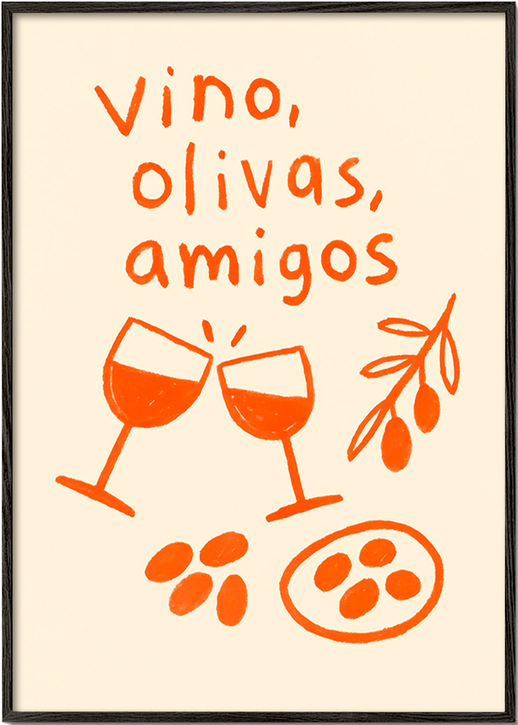 Køkkenkunst: vin og oliven illustration – Black Frame