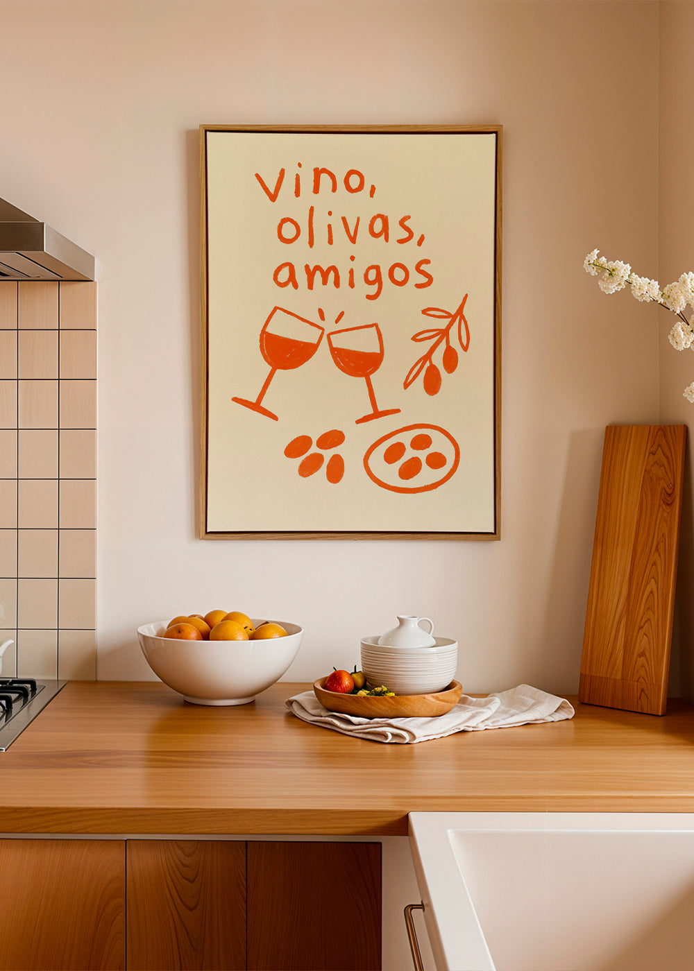Køkkenkunst: vin og oliven illustration – Canvas2