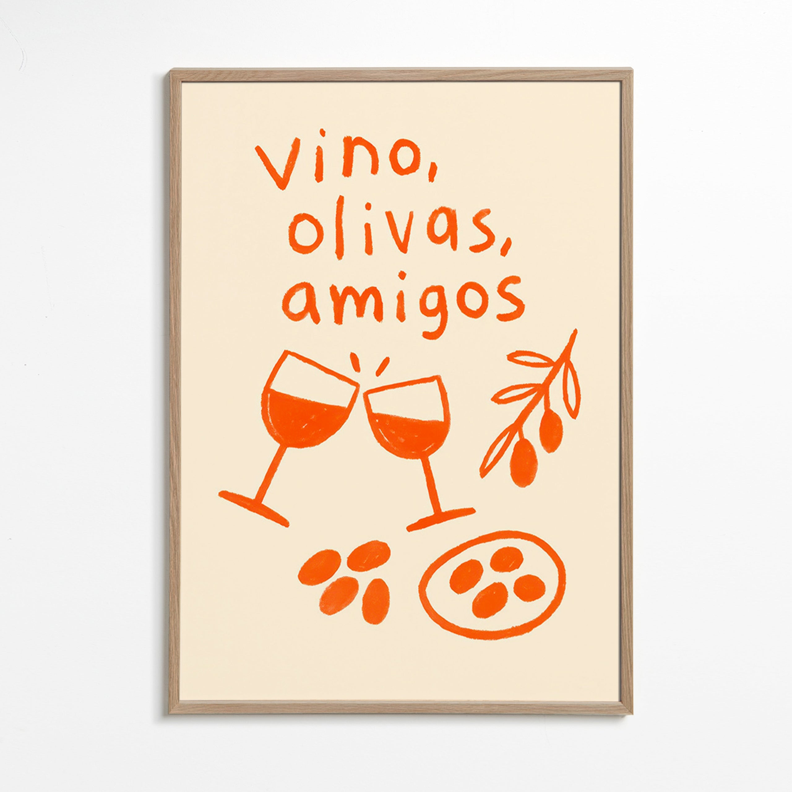 Køkkenkunst: vin og oliven illustration – Oak Frame