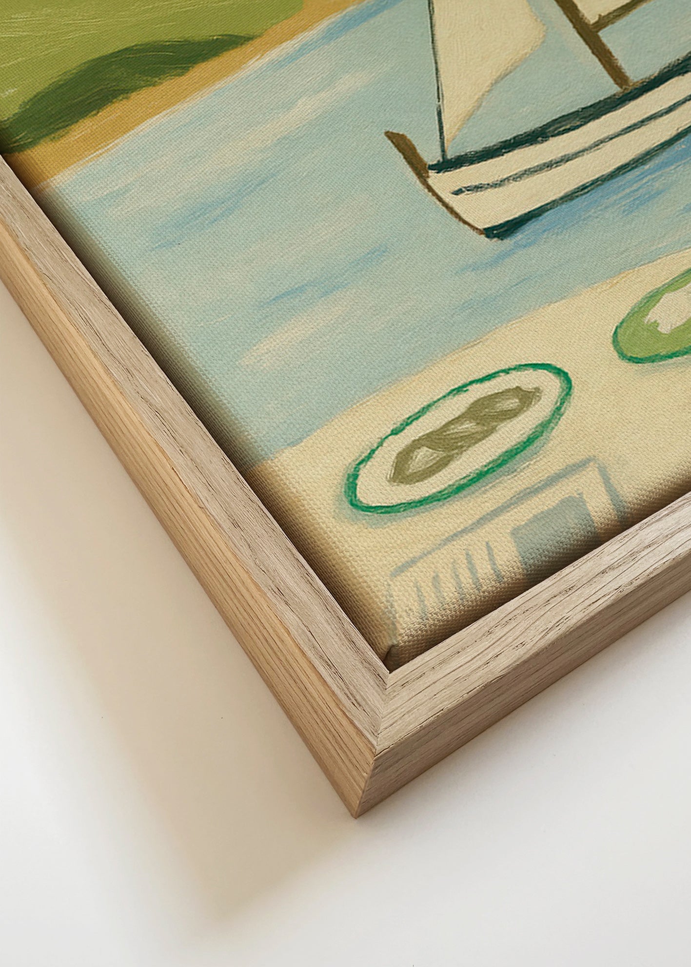 Landskabsmaleri med sejlbåd på søen – Canvas detail