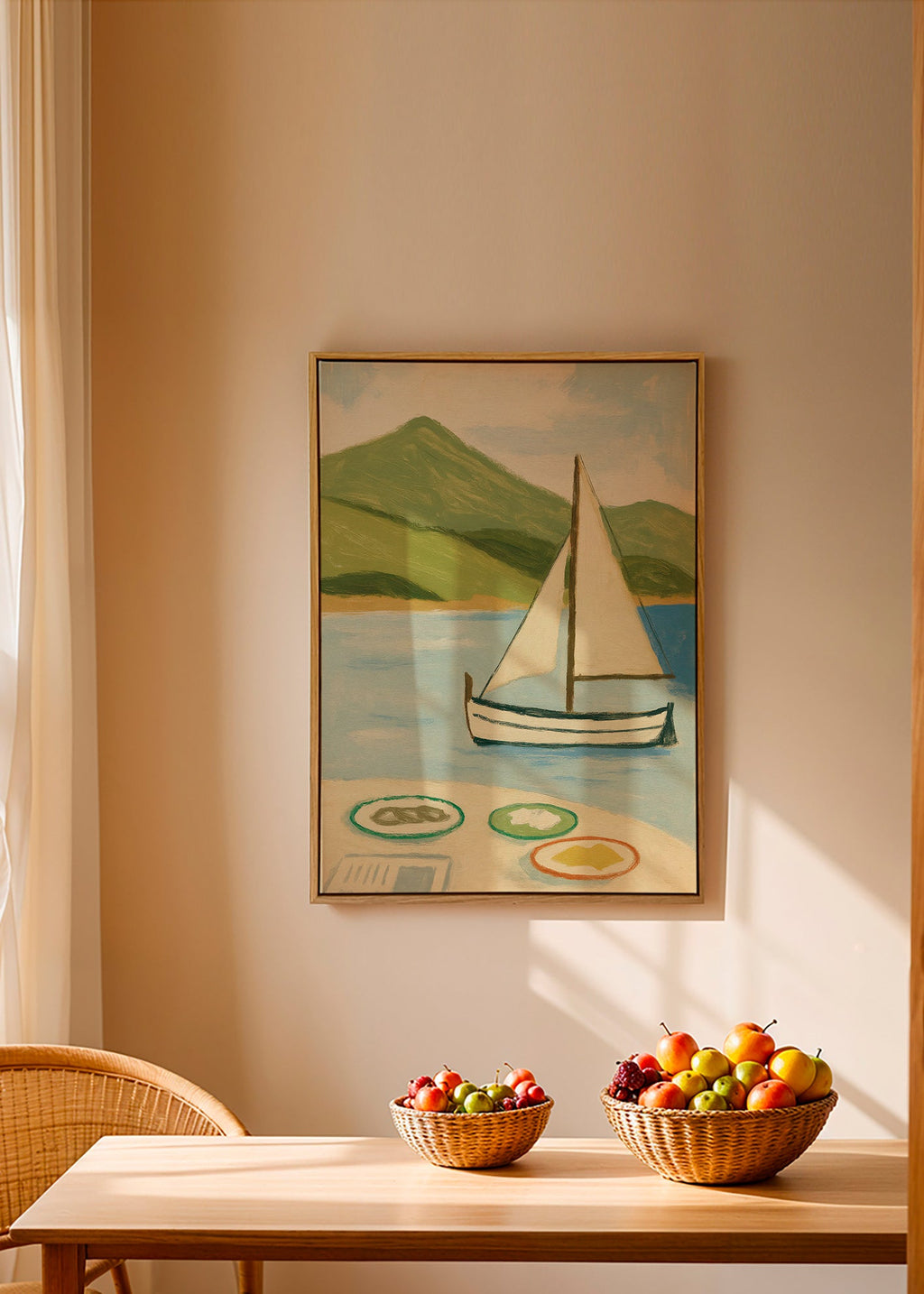Landskabsmaleri med sejlbåd på søen – Canvas2