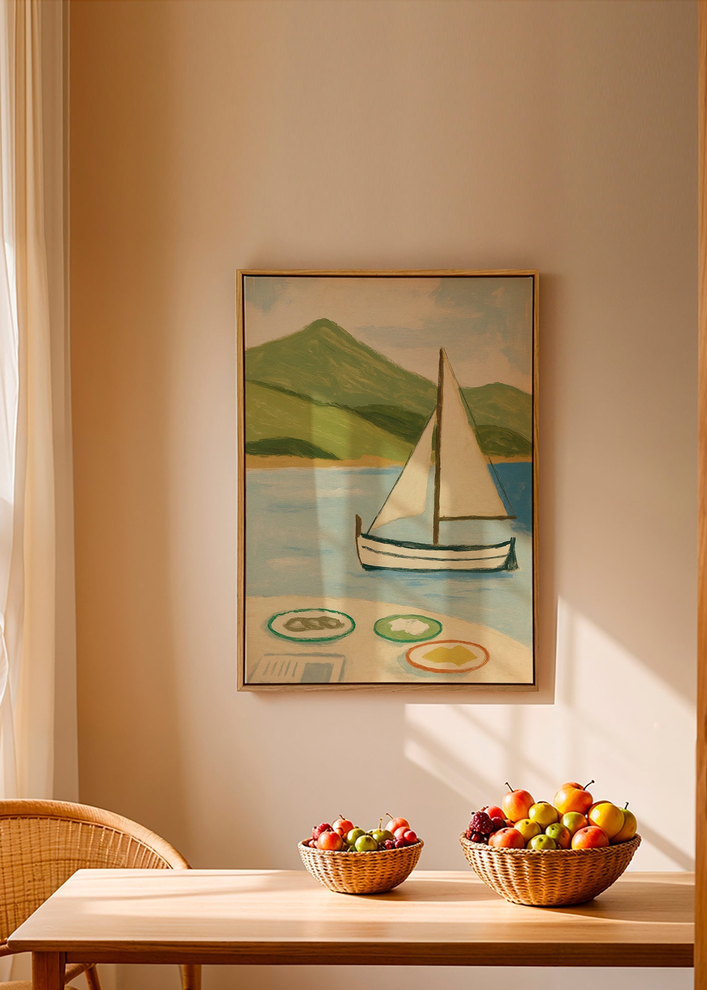 Landskabsmaleri med sejlbåd på søen – Canvas2