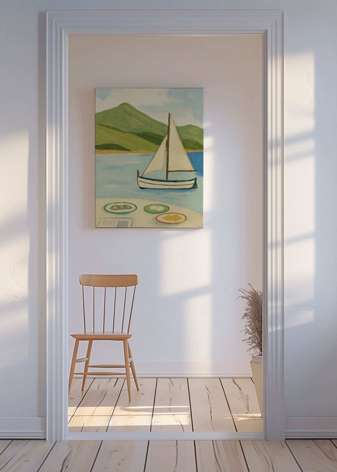 Landskabsmaleri med sejlbåd på søen – Canvas