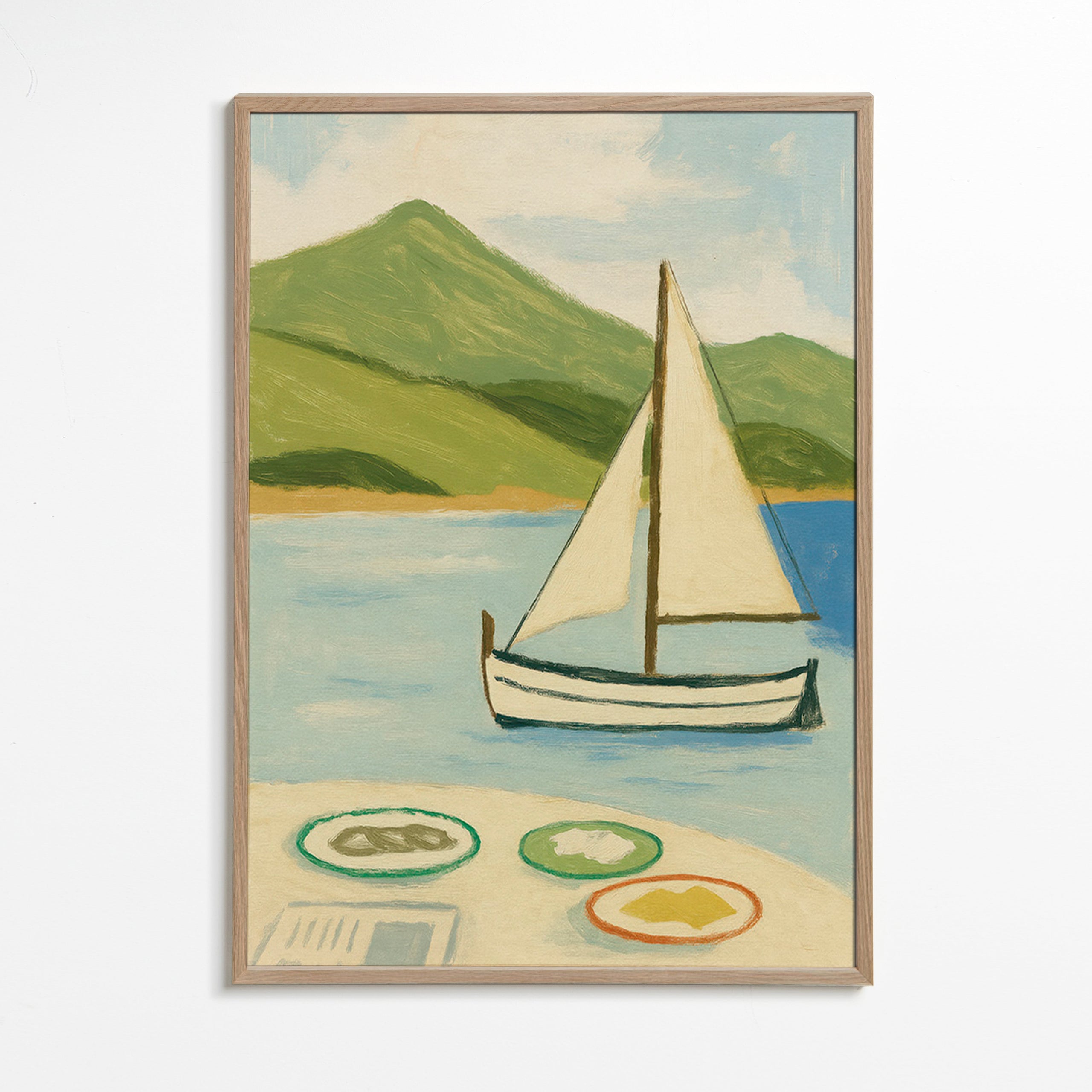 Landskabsmaleri med sejlbåd på søen – Oak Frame