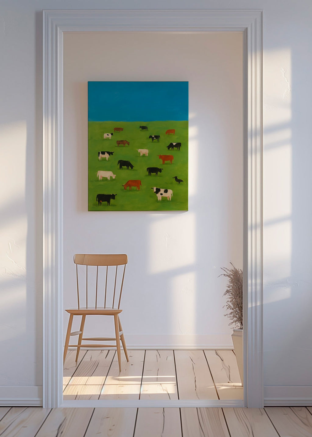 Billede af græssende køer på grøn mark – Canvas