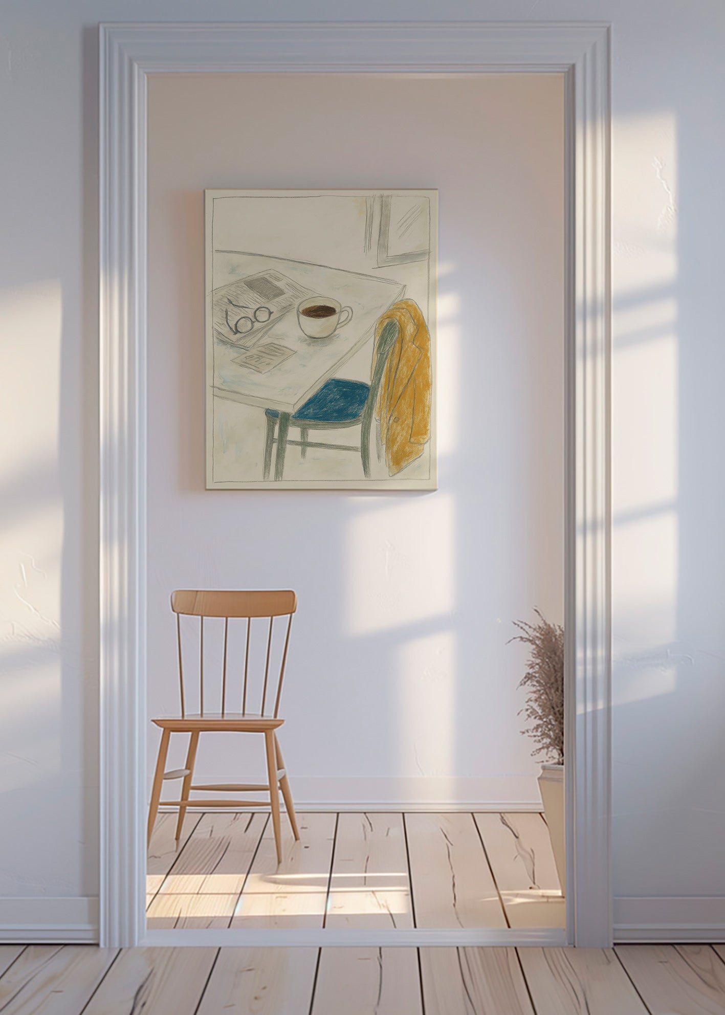 Køkkenkunst med kop og jakke – Canvas