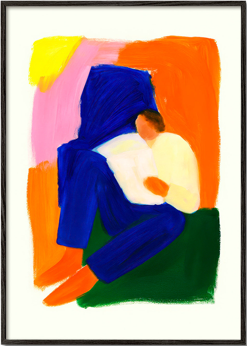 Illustration af siddende figur i klare farver – Black Frame