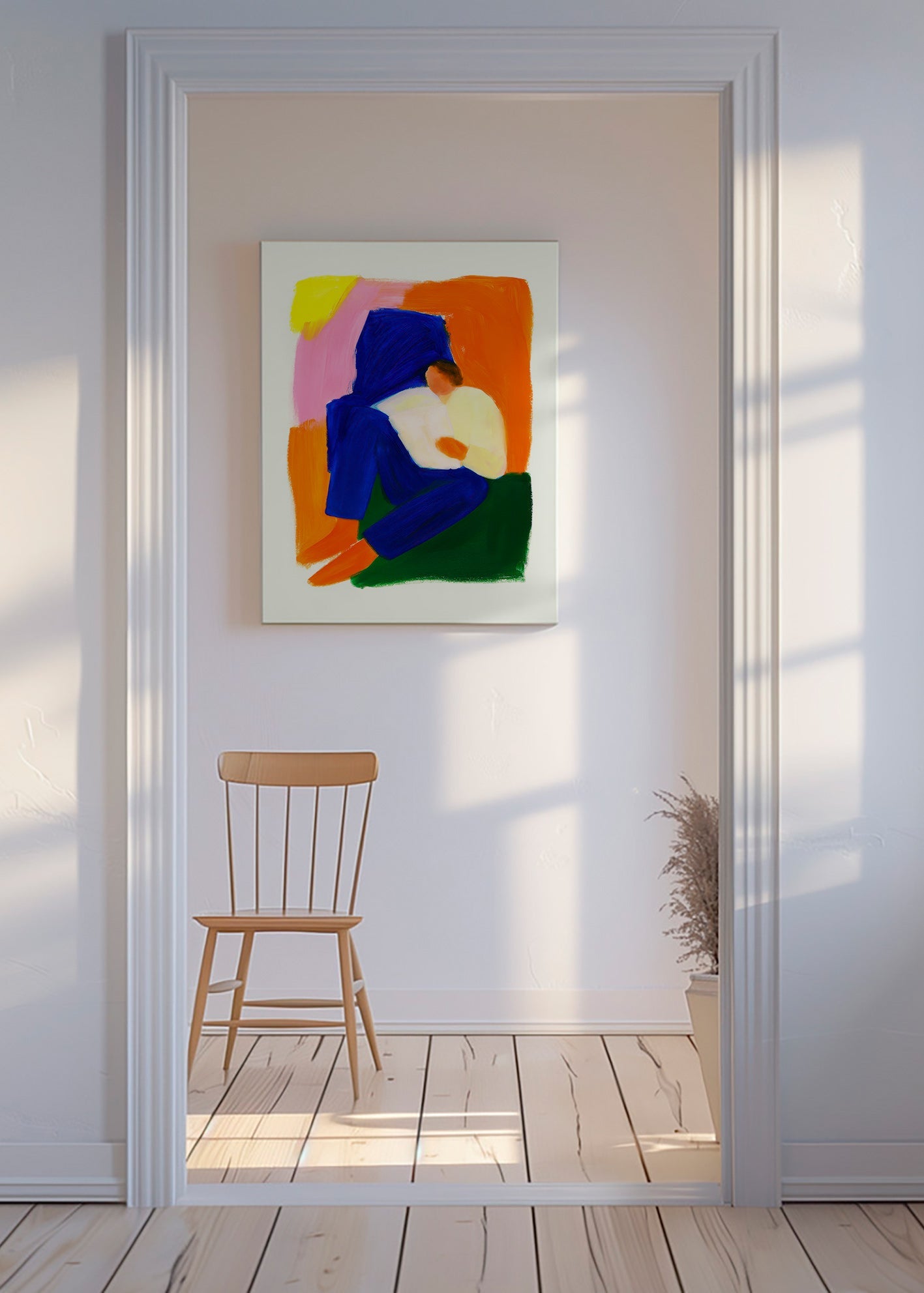 Illustration af siddende figur i klare farver – Canvas