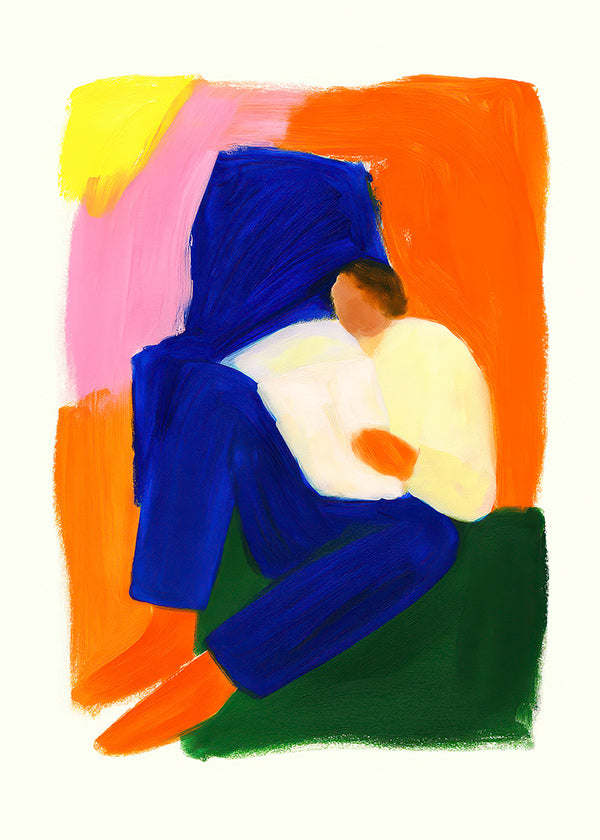 Illustration af siddende figur i klare farver