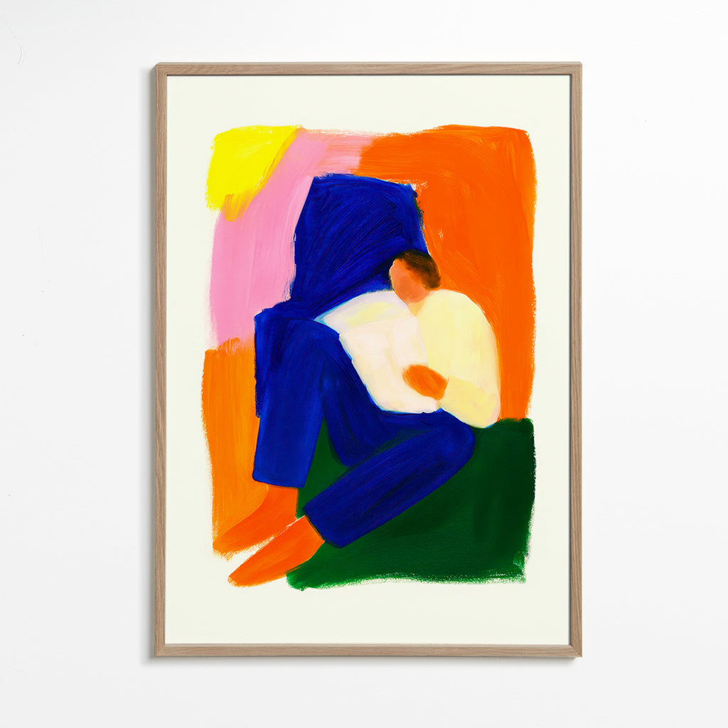 Illustration af siddende figur i klare farver – Oak Frame