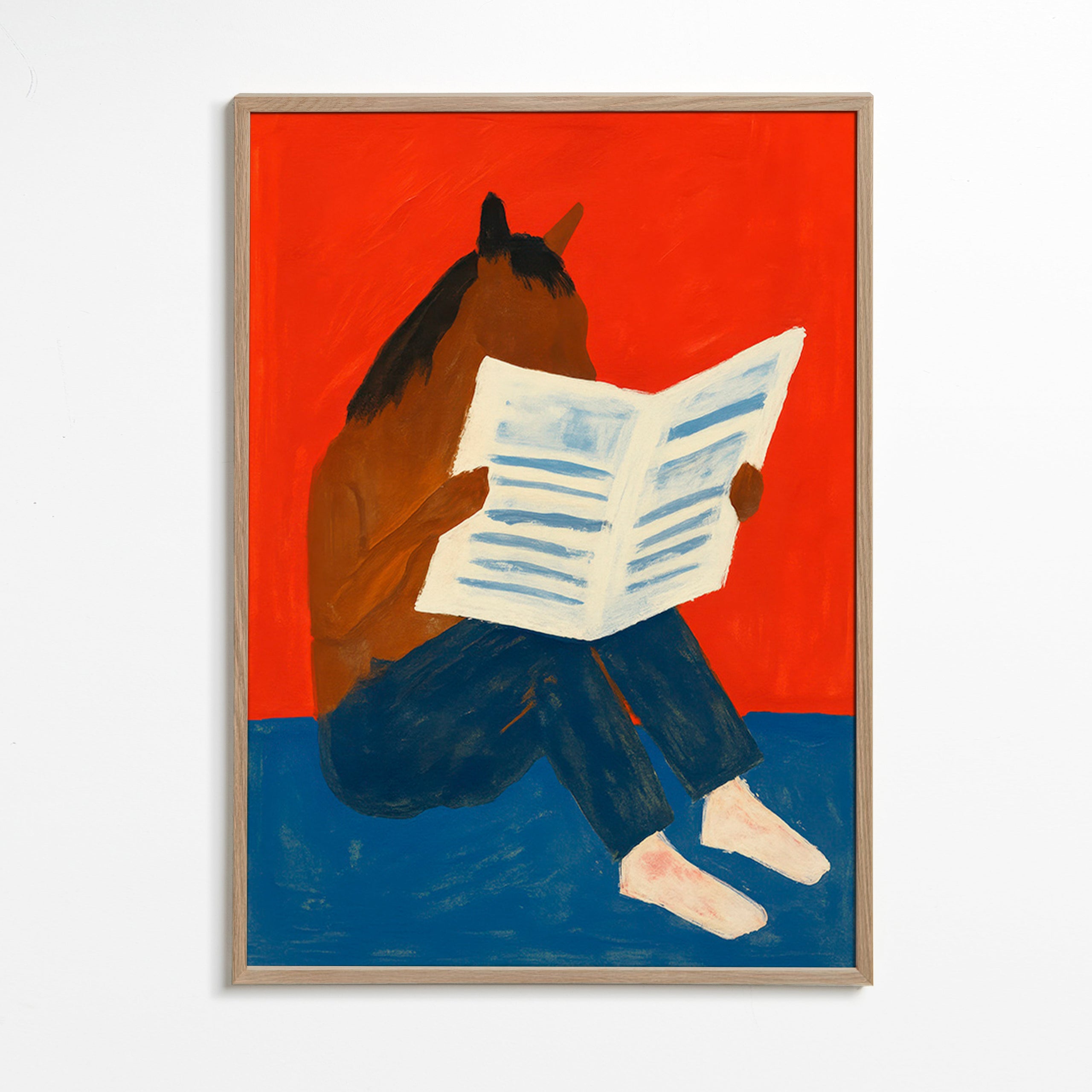 Plakat af hest der læser avis – Oak Frame