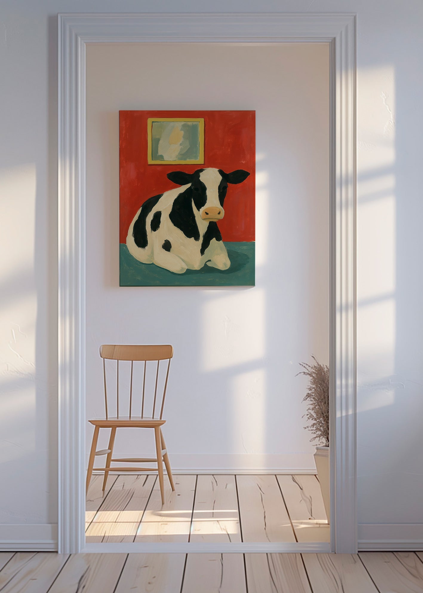 Billede hvilende ko på rød baggrund – Canvas