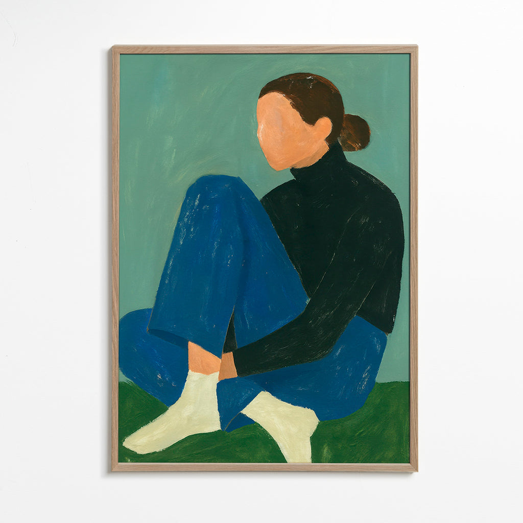 Illustration af siddende figur i minimalistisk stil – Oak Frame