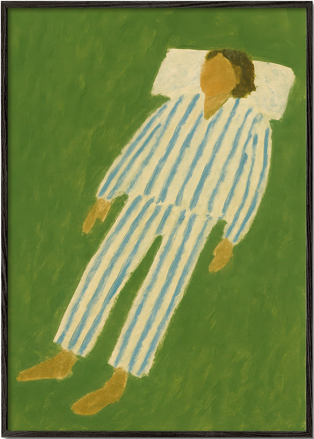 Illustration af figur liggende i striped pyjamas – Black Frame