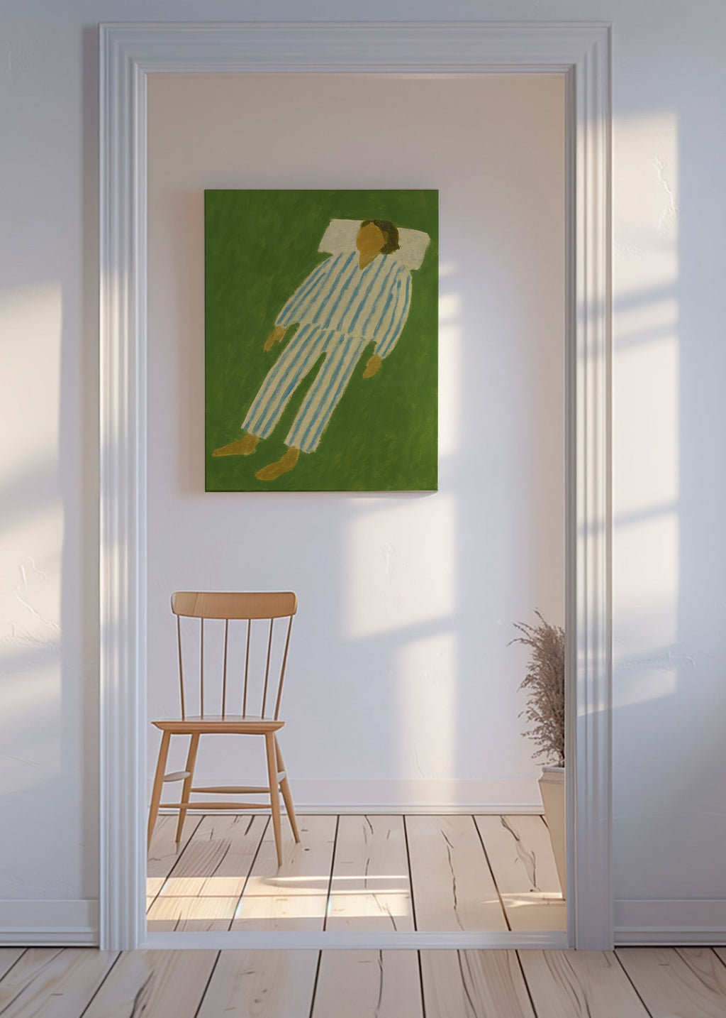 Illustration af figur liggende i striped pyjamas – Canvas