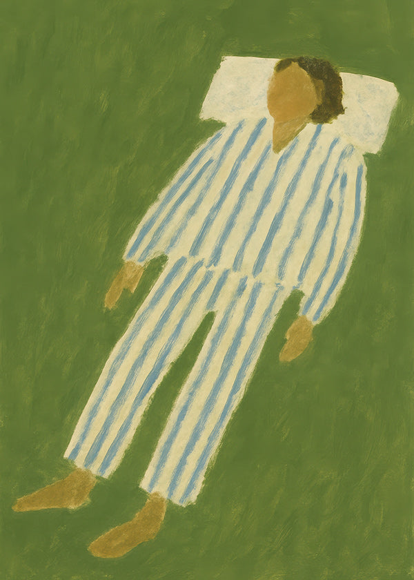 Illustration af figur liggende i striped pyjamas