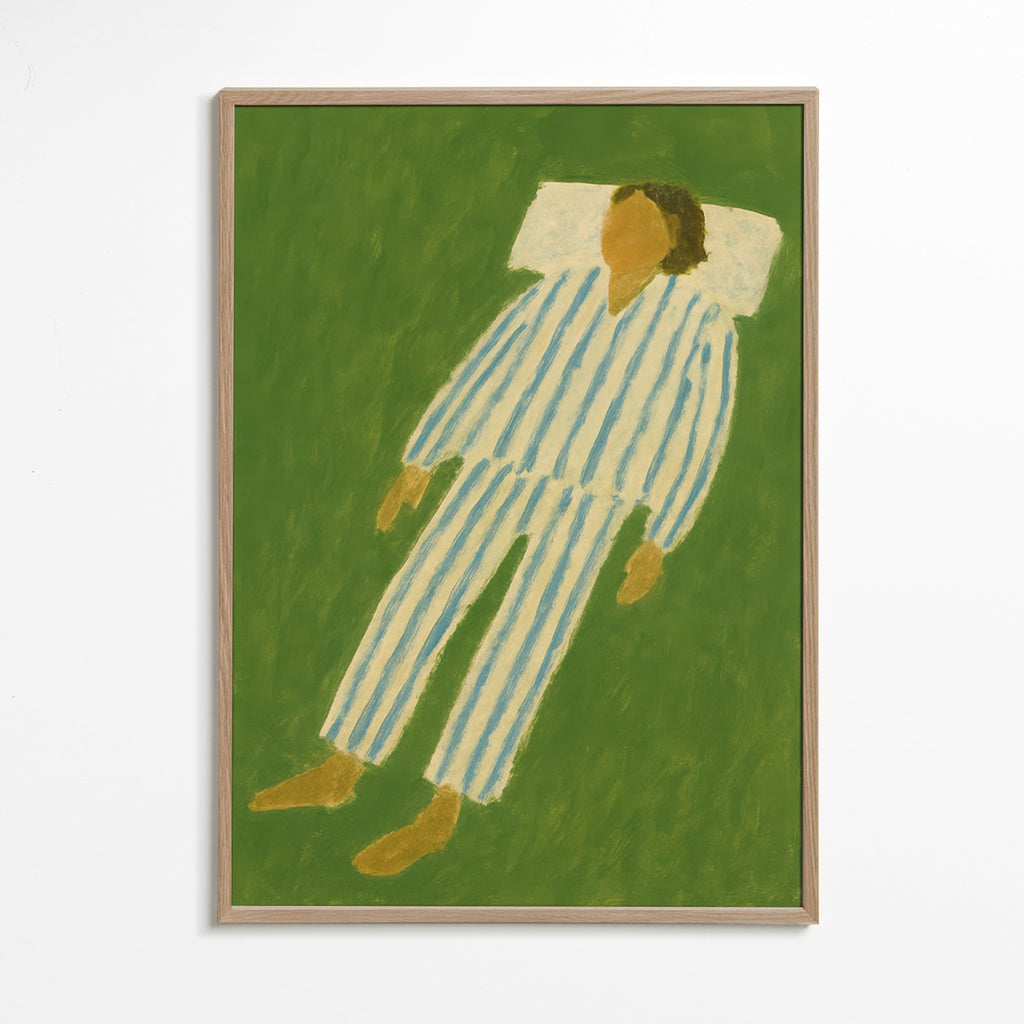 Illustration af figur liggende i striped pyjamas – Oak Frame