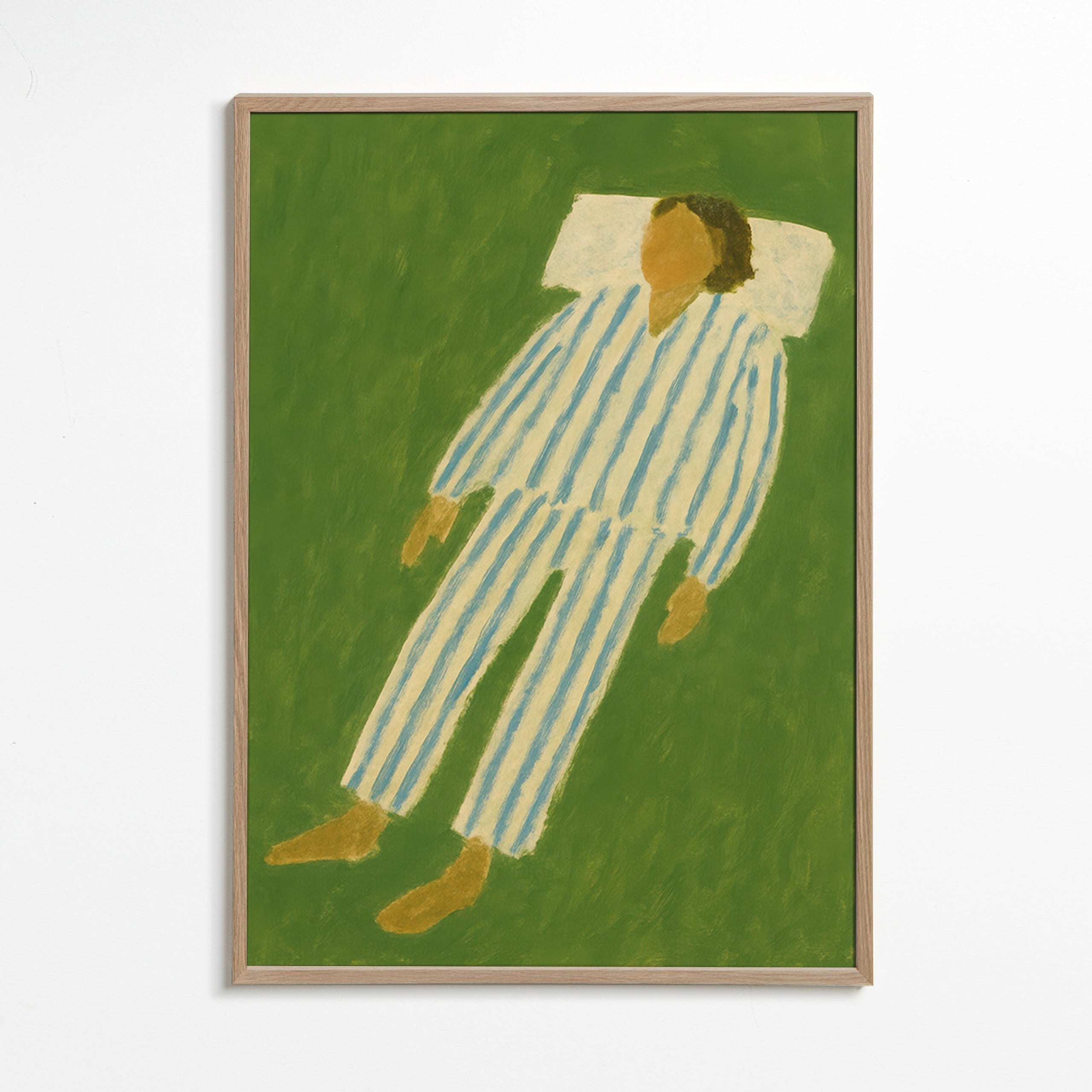 Illustration af figur liggende i striped pyjamas – Oak Frame