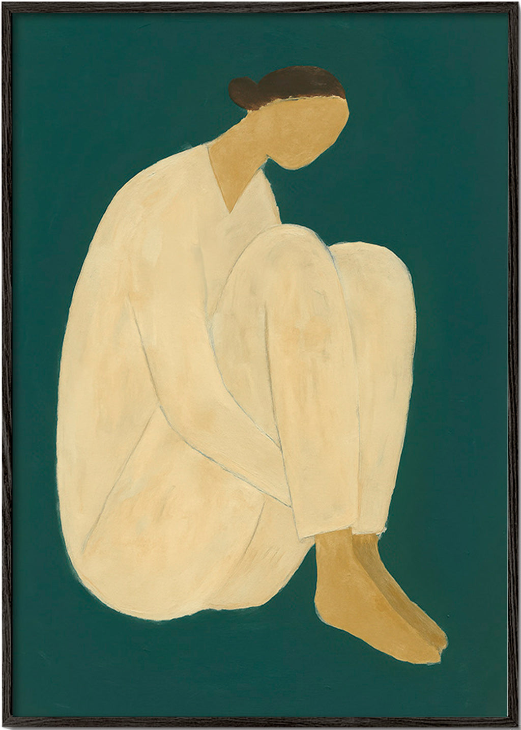 Minimalistisk billede med siddende figur på grøn baggrund – Black Frame