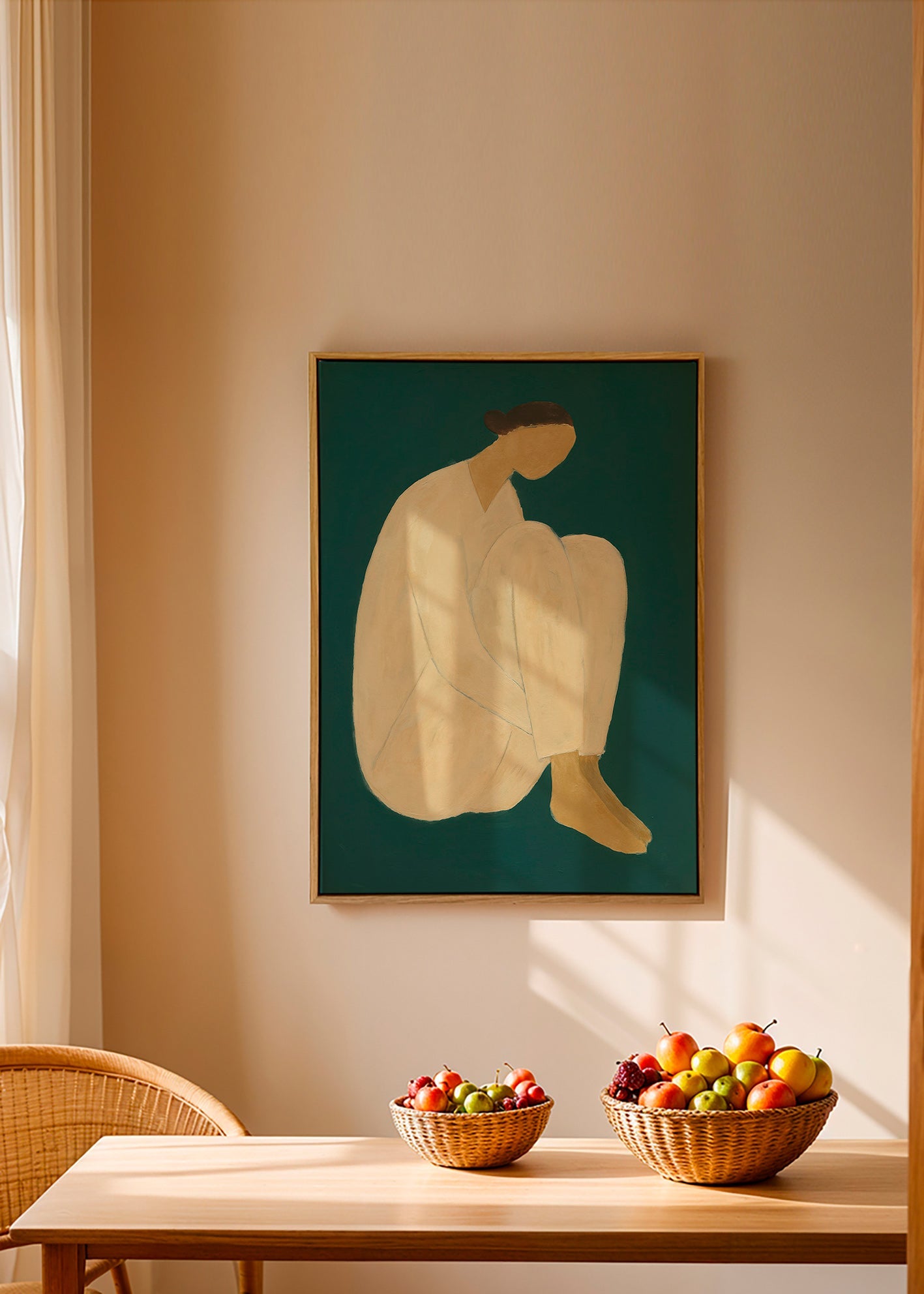 Minimalistisk billede med siddende figur på grøn baggrund – Canvas1