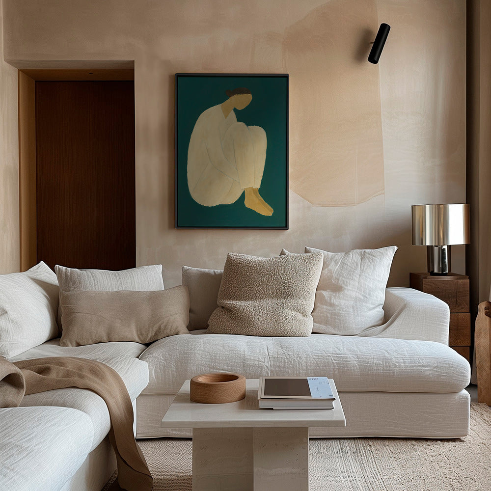 Minimalistisk billede med siddende figur på grøn baggrund – Canvas2