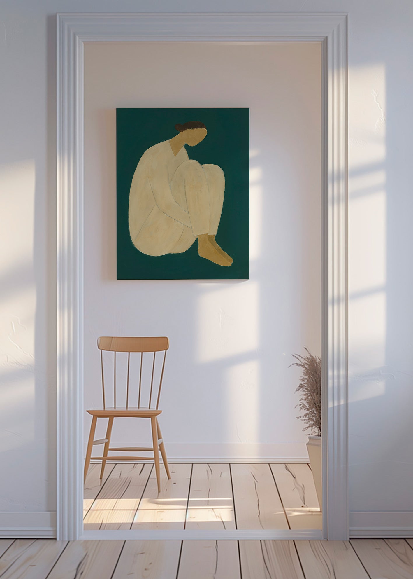 Minimalistisk billede med siddende figur på grøn baggrund – Canvas