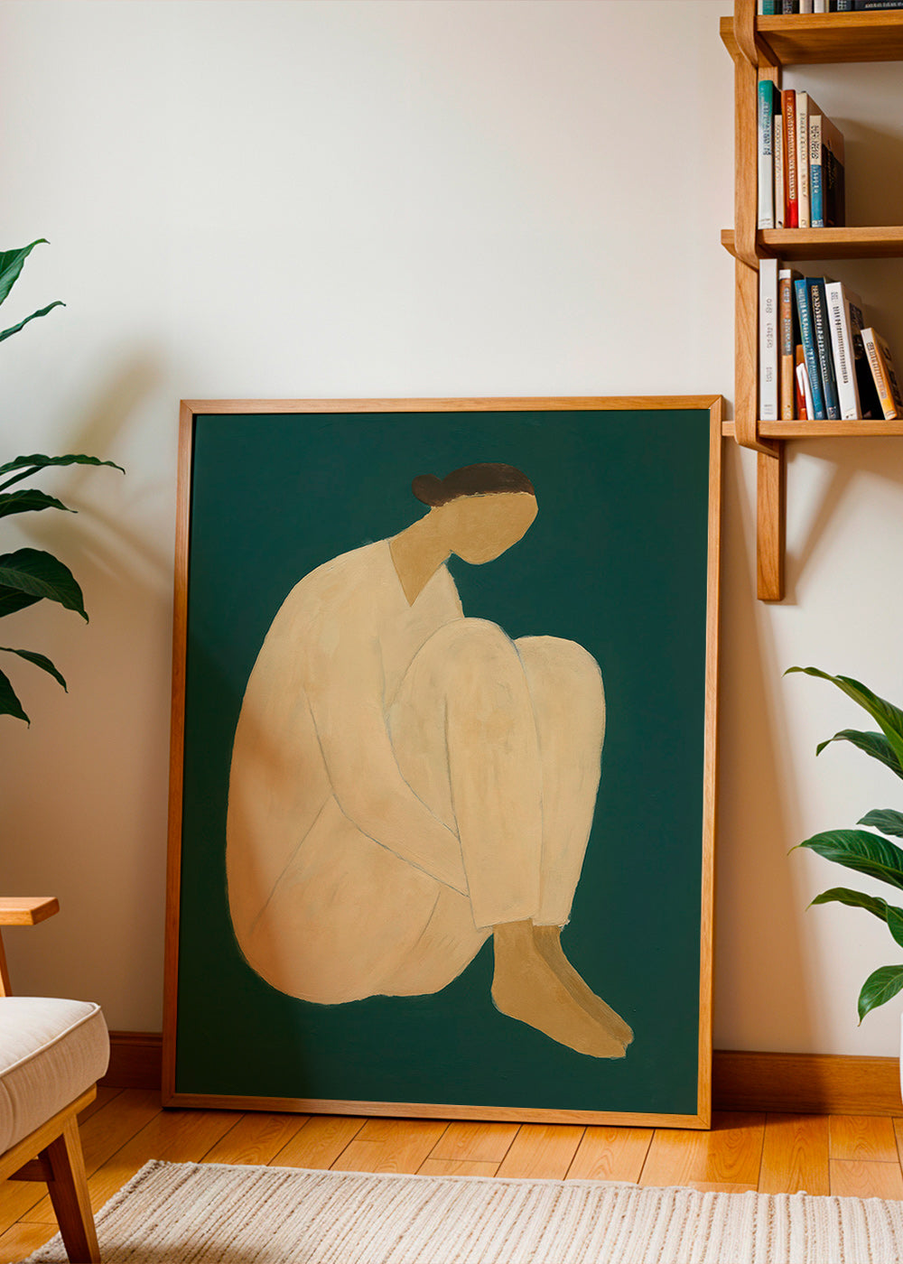 Minimalistisk billede med siddende figur på grøn baggrund – Product1