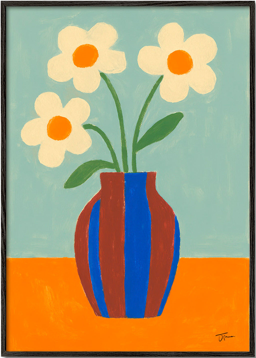 Botanisk plakat med stribet vase og cremefarvede blomster – Black Frame