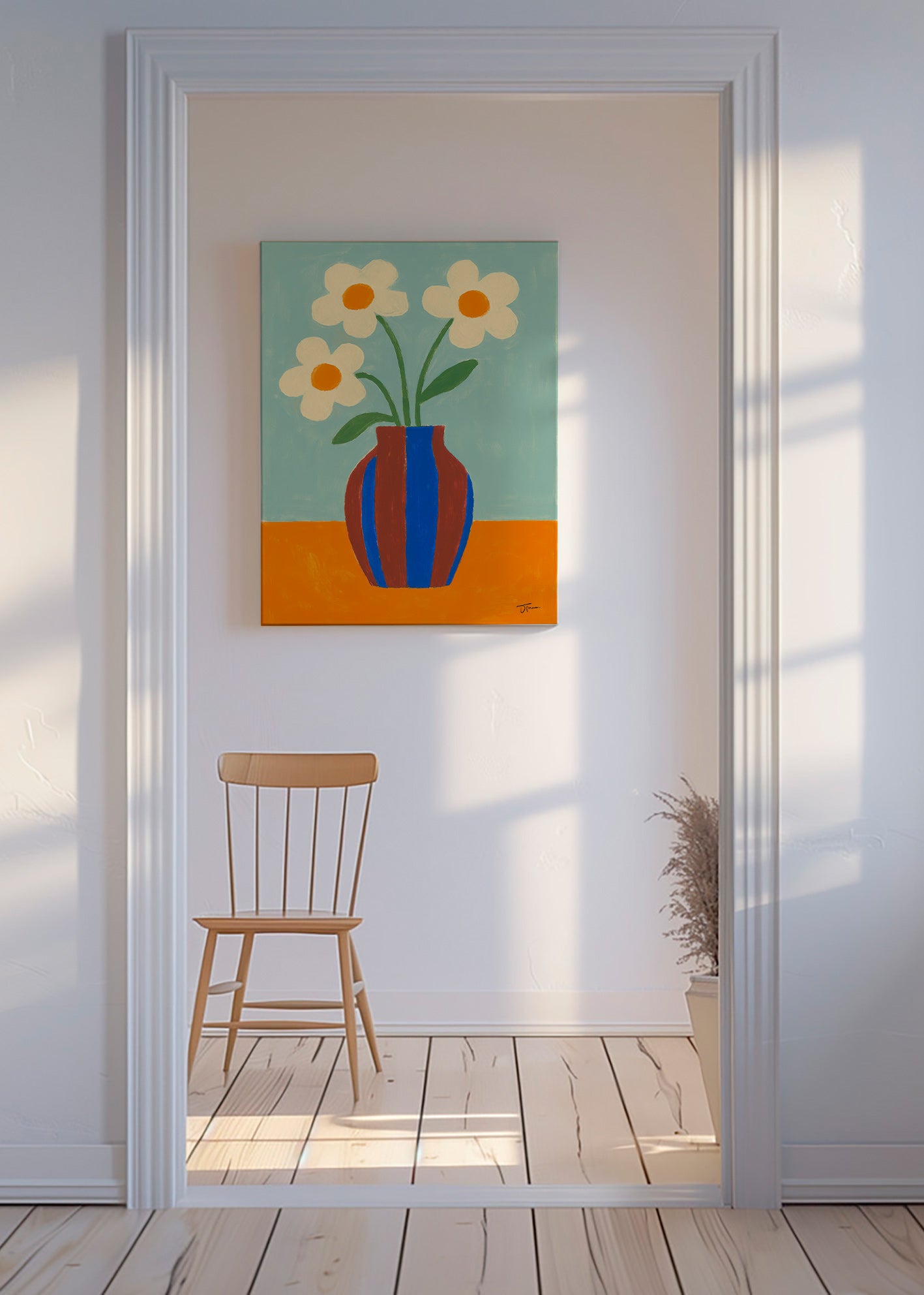 Botanisk plakat med stribet vase og cremefarvede blomster – Canvas