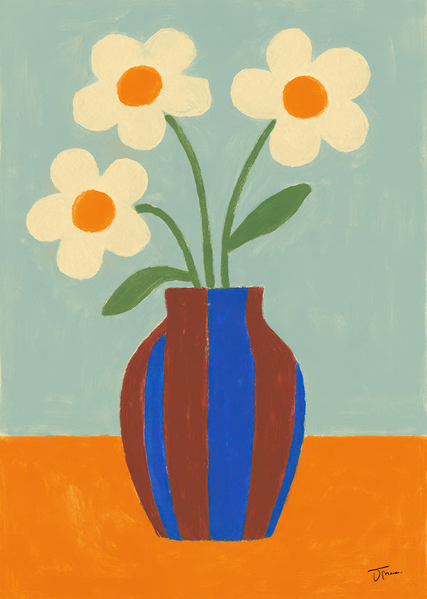 Botanisk plakat med stribet vase og cremefarvede blomster