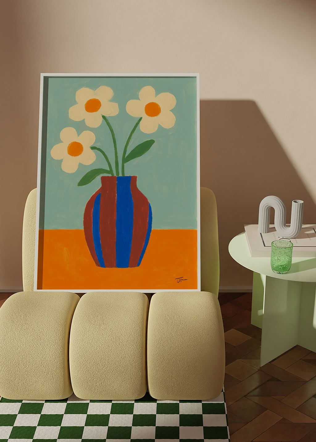 Botanisk plakat med stribet vase og cremefarvede blomster – Product2