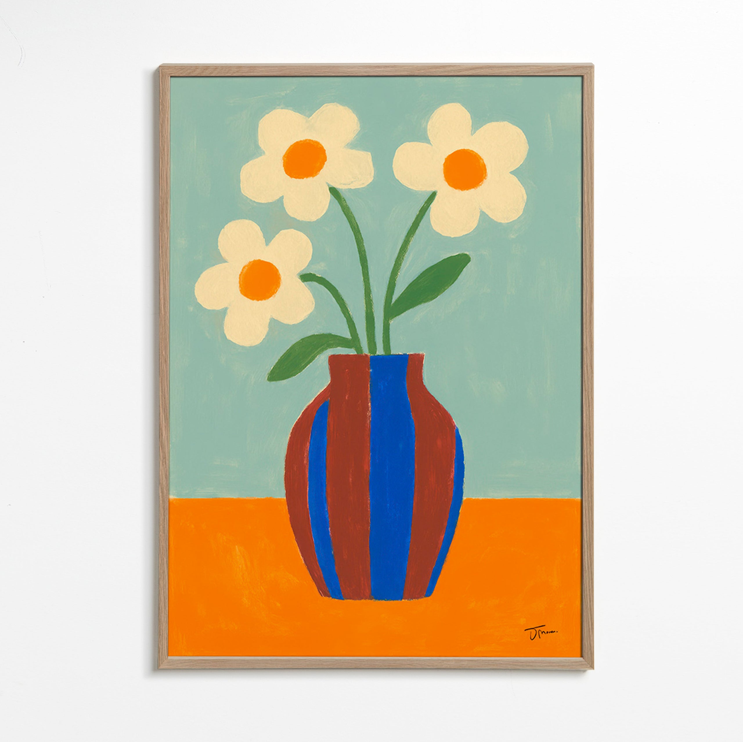 Botanisk plakat med stribet vase og cremefarvede blomster – Oak Frame
